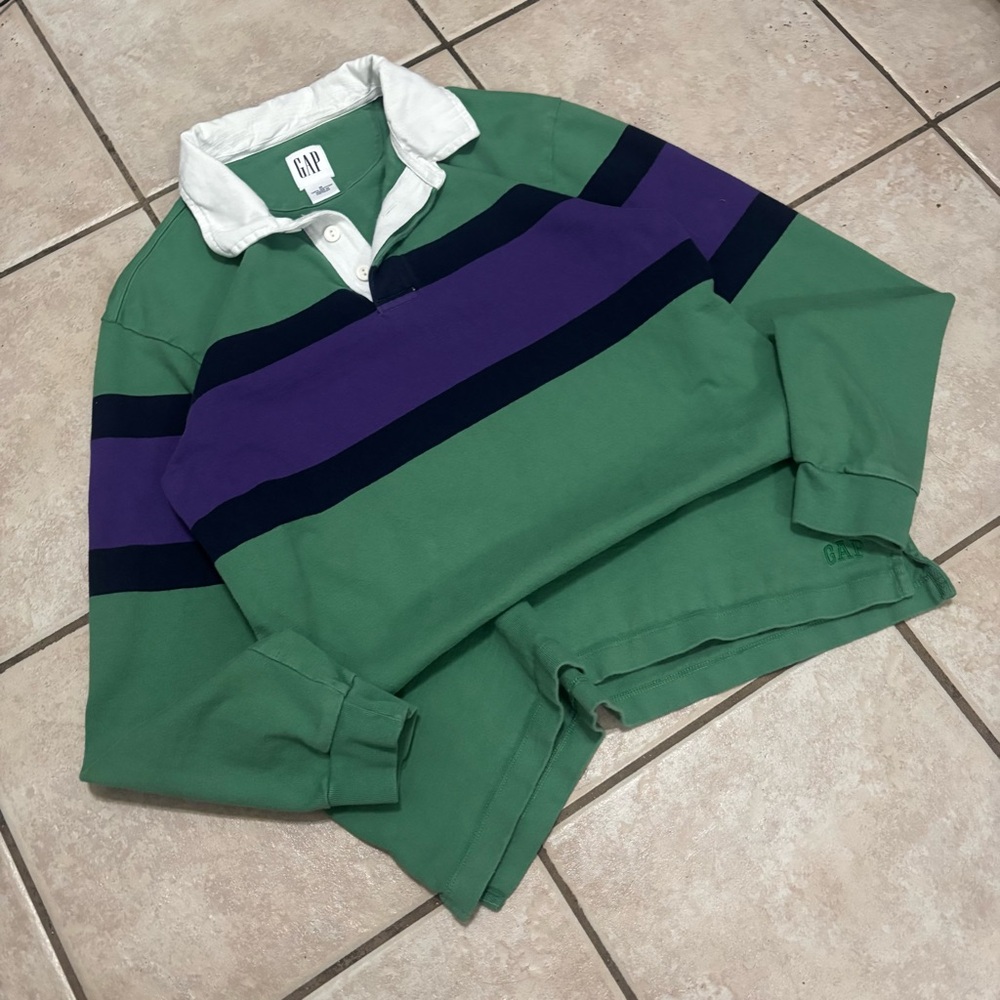 GAP Colorblock Rugby Shirt Long Sleeve Medium purple and green